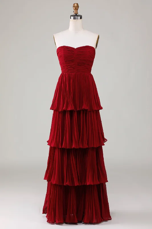 Halter Dresses for Chic Style -Strapless Tiered Burgundy Long Bridesmaid Dress