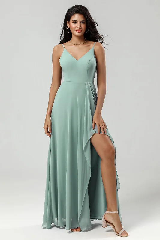 Hippie Dresses with Beads -Green Spaghetti Straps Long Bridesmaid Dress with Ruffles