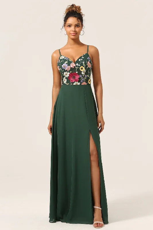 Capri Dresses for Playful -Beauty A-Line Spaghetti Straps Dark Green Long Bridesmaid Dress with 3D Flowers