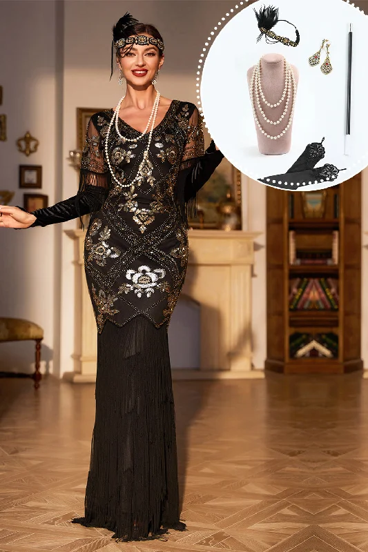 Birthday Dresses for Celebration -Black Sequined Fringed Long 1920s Gatsby Dress with Accessories Set