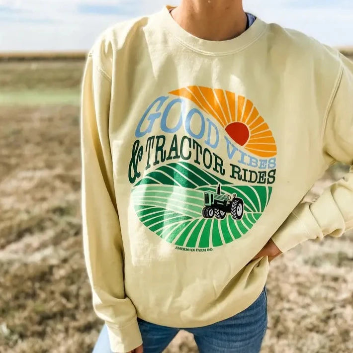 Water-Resistant Hoodie with Adjustable Drawstrings Hiking Rain Protection -American Farm Co. "Good Vibes & Tractor Rides" Sweatshirt in Yellow