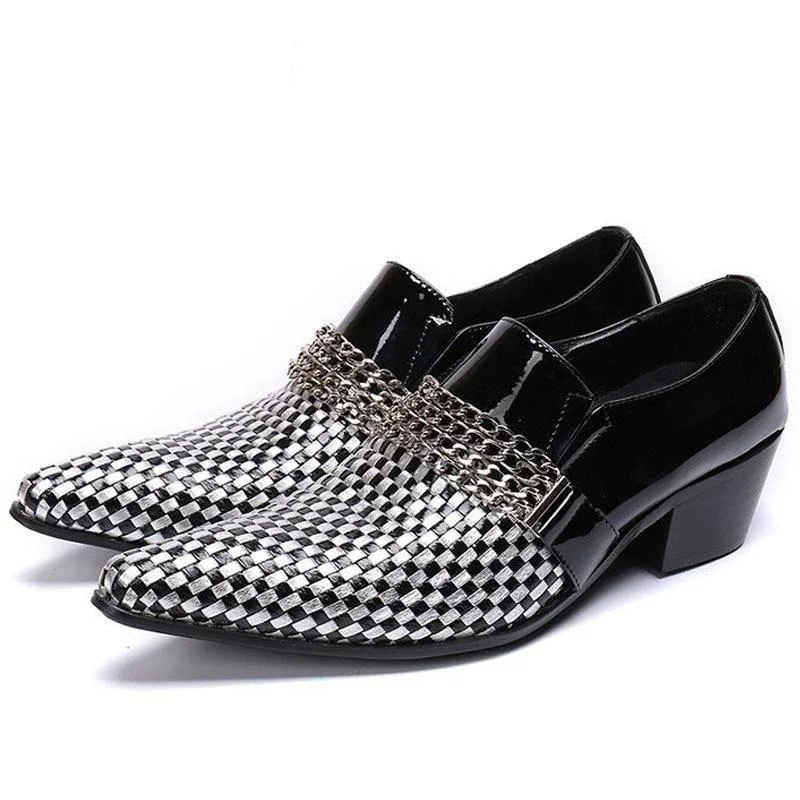 Work Dresses for Professional -Large Size Men's Genuine Leather Business Pointed Toe Checkered Dress Shoes