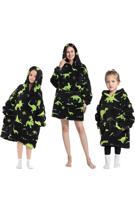 Reversible Hoodie for Two-in-One Outfit Options -Black Dinosaur Family Matching Flannel Halloween Oversize Wearable Hoodie Blanket Sweatshirt