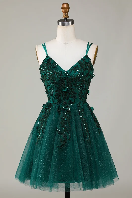 Khaki Dresses for Casual -Stylish A Line Spaghetti Straps Dark Green Short Homecoming Dress with Appliques Beading