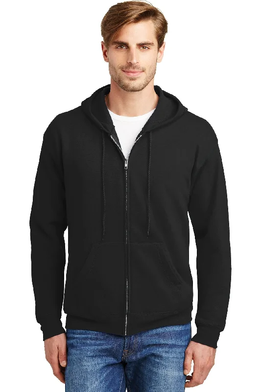 Denim Hoodie with Embroidered Florals Cottagecore Summer -Hanes Ecosmart Full Zip Hooded Sweatshirt P180 Black