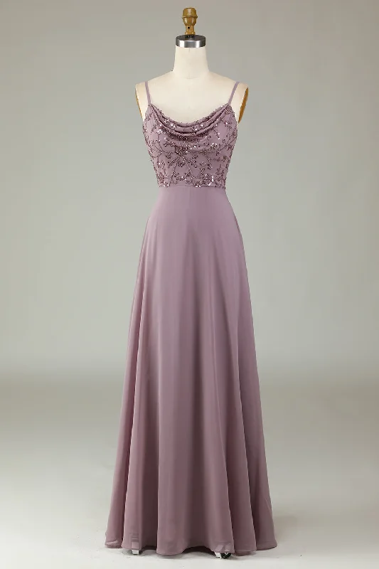 Printed Dresses with Patterns -Spaghetti Straps Beaded Dusty Pink Bridesmaid Dress