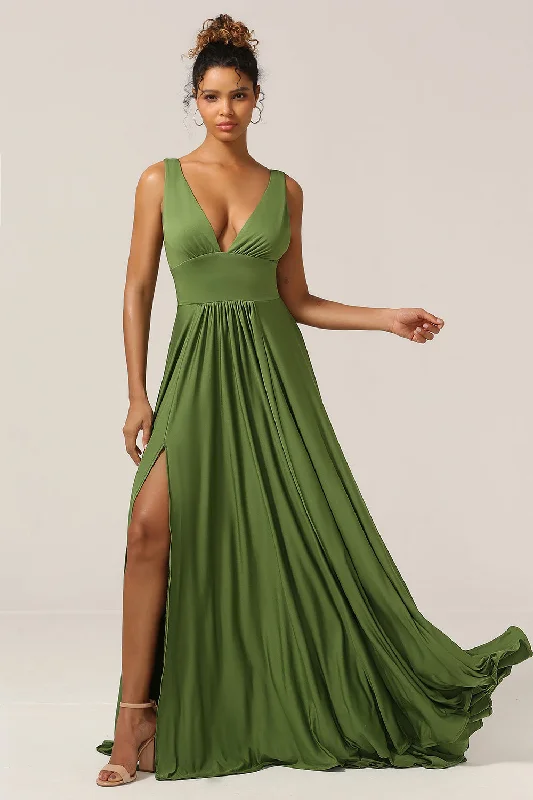 Belted Dresses for Shaping -Elegant A Line Olive Deep V-neck Sleeveless Long Bridesmaid Dress