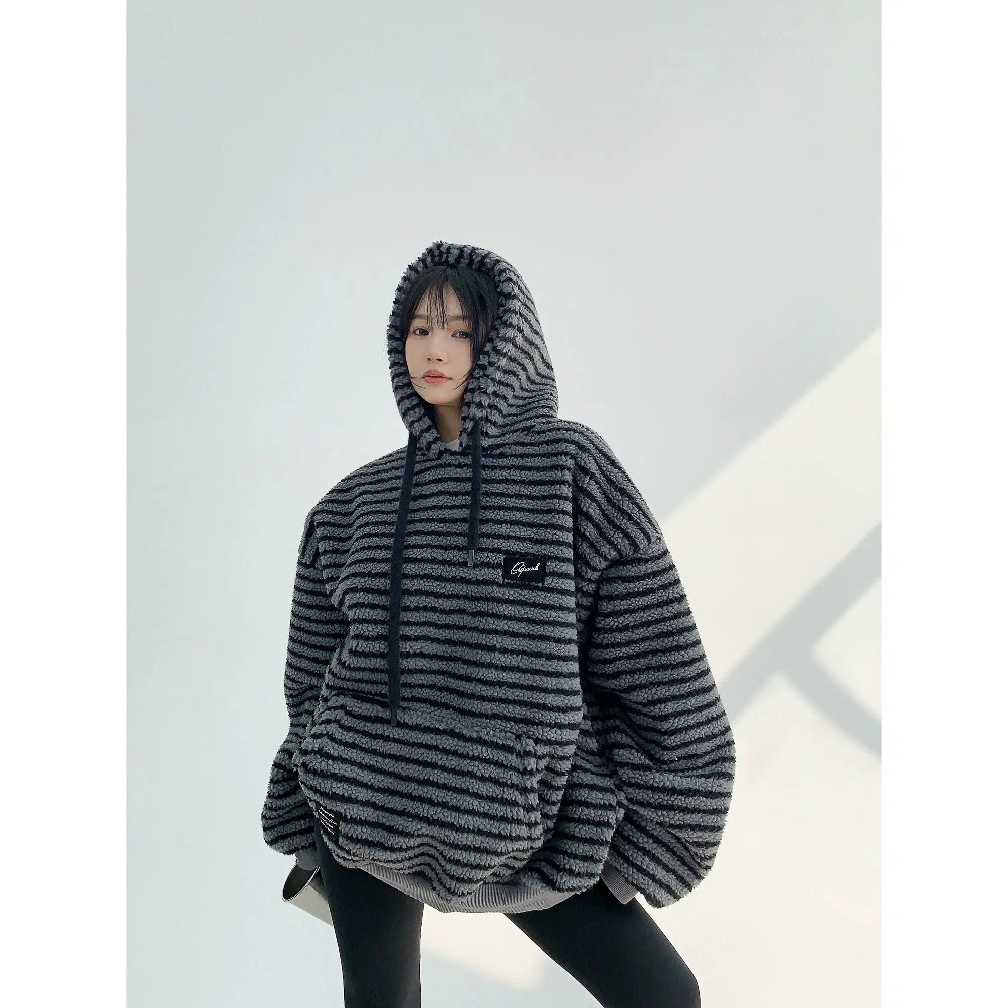 Cozy Fleece-Lined Pullover Hoodie for Cold Winter Days Outdoor Activities -Striped Fleece Hooded Sweatshirt