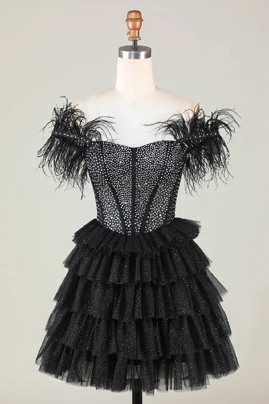 Black Dresses for Versatile -Sparkly Beaded Corset A-Line Black Short Homecoming Dress with Feathers