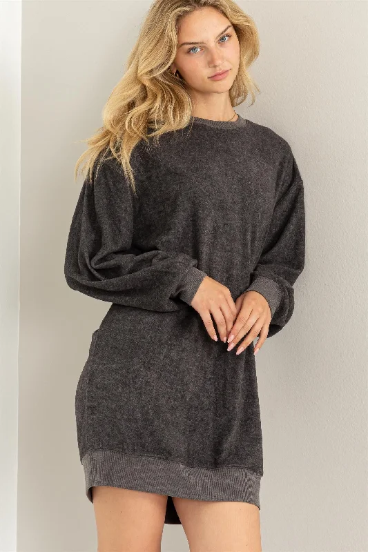 Embroidered Sweatshirt with Floral Motifs Spring Garden Parties -Charcoal Fleece Oversized Sweatshirt Mini Dress