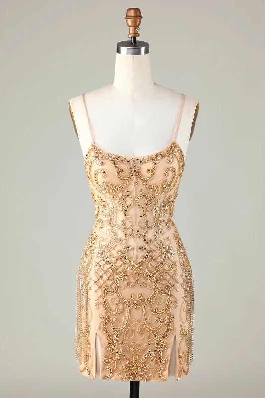 Tie-up Dresses for Decorative -Spaghetti Straps Golden Tight Homecoming Dress with Beading