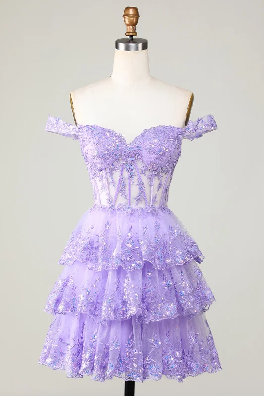 Beige Dresses for Neutral -Princess A Line Purple Corset Tiered Short Homecoming Dress with Lace