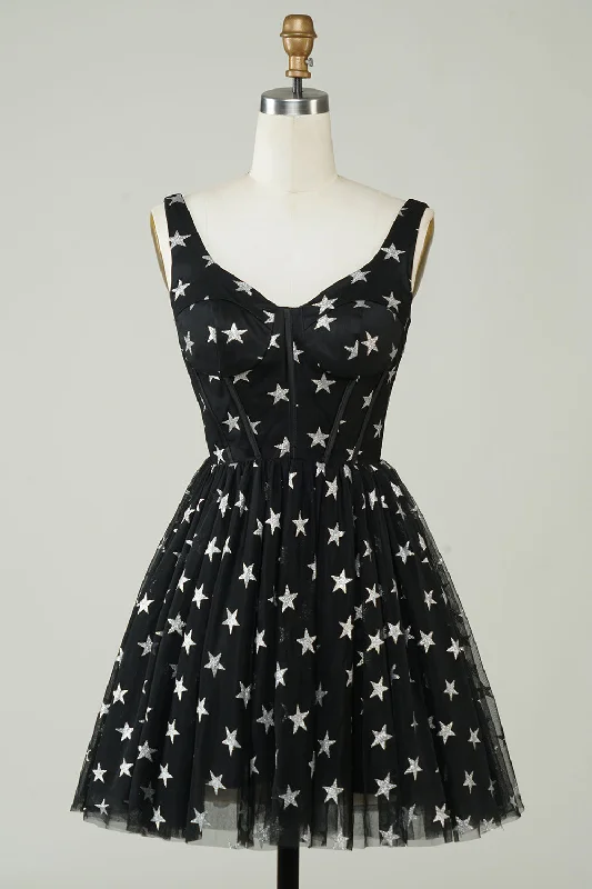 Vintage Dresses for Nostalgia -Cute A Line V Neck Black Tulle Short Homecoming Dress with Stars