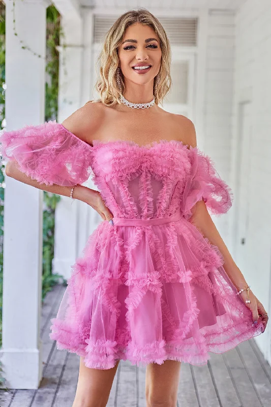 Green Dresses for Nature -Hot Pink Off the Shoulder Tulle Homecoming Dress