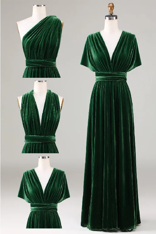 Cocktail Dresses for Party Time -Dark Green Covertible Wear Velvet Long Bridesmaid Dress