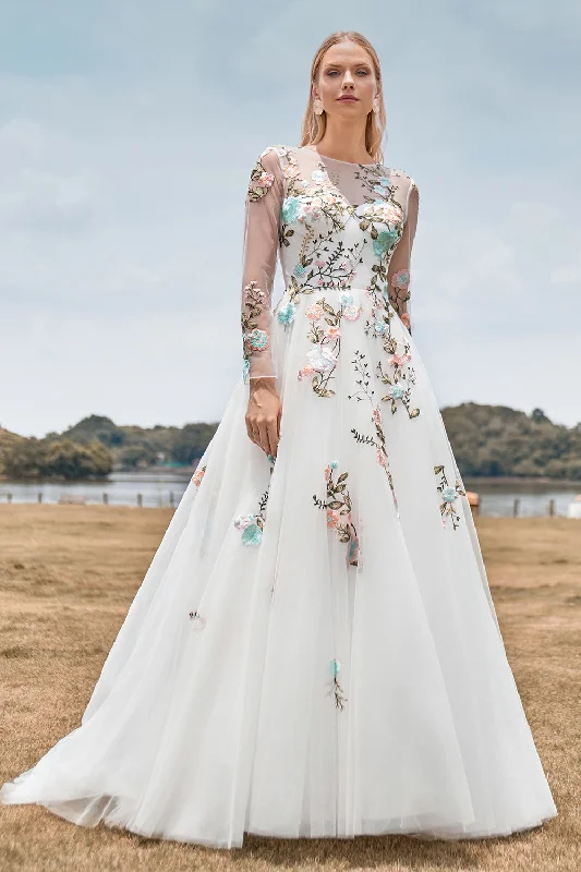 Tie-up Dresses for Decorative -Gorgeous A Line Tulle Long Sleeves Long Ivory Wedding Dress with Embroidery