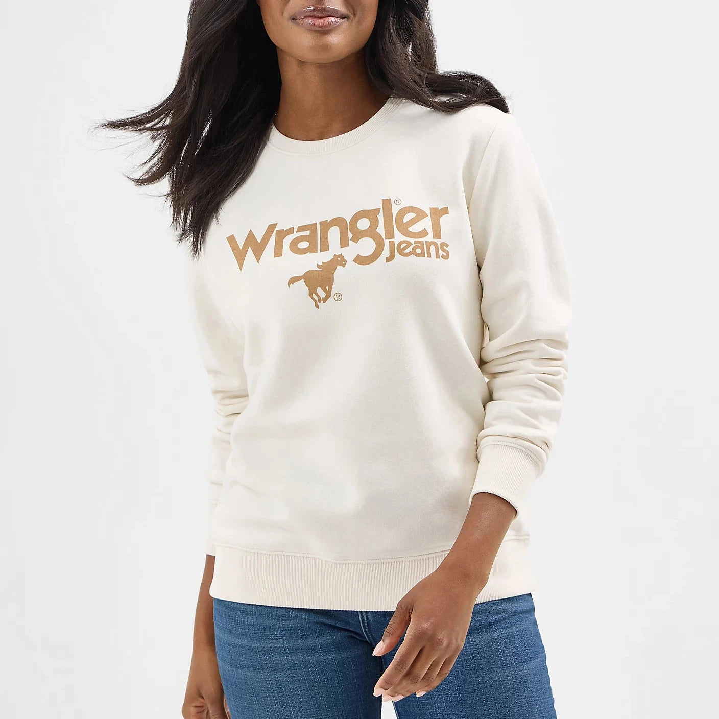 Chiffon Hoodie for Sheer Layered Summer Evening Looks -Wrangler Retro Women's Logo Crew Pullover Sweatshirt in Whisper White