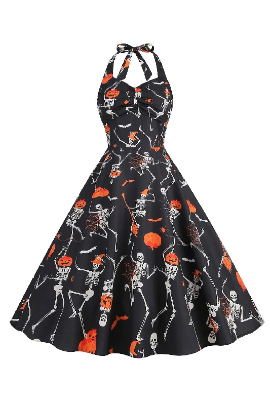 Hippie Dresses with Beads -Halloween Black Halter Pumpkin Printed 1950s Dress