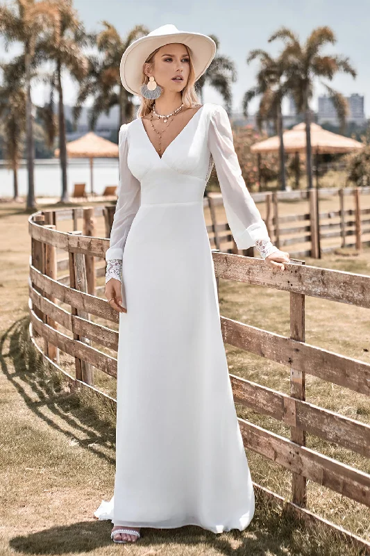 Nylon Dresses for Stretchable -Ivory Boho Simple Sheath Long Sleeves Wedding Dress with Lace