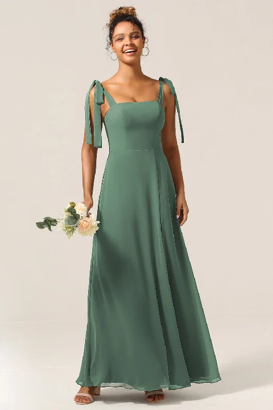 Tie-up Dresses for Decorative -A Line Spaghetti Straps Eucalyptus Tie Straps Bridesmaid Dress With Slit