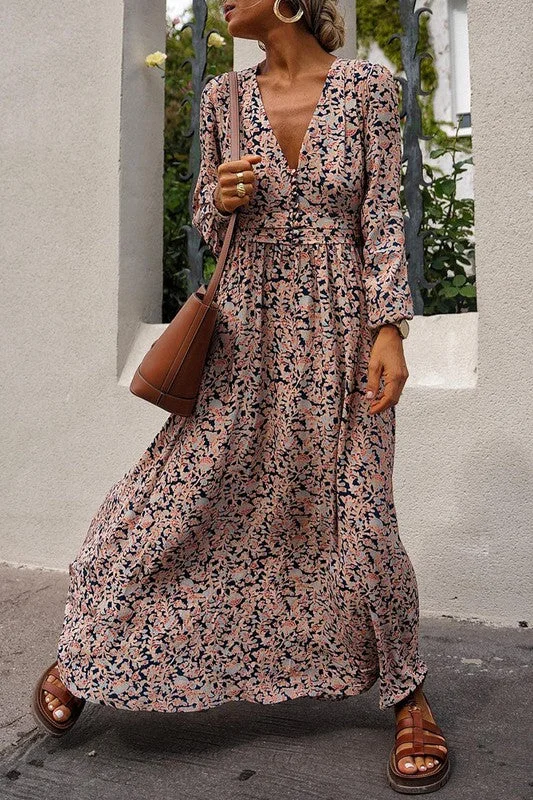 Buttoned Dresses for Stylish -Retro Floral Maxi Dress