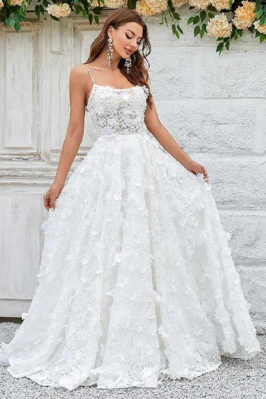 Birthday Dresses for Celebration -Ivory Floral Lace Sweep Train Wedding Dress