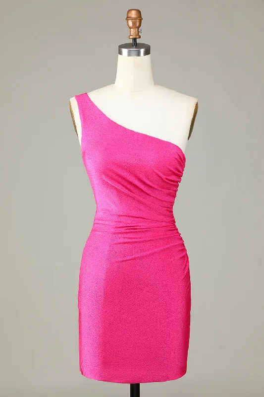 Faux Leather Dresses for Affordable -Unique Hot Pink One Shoulder Pleated Short Tight Homecoming Dress