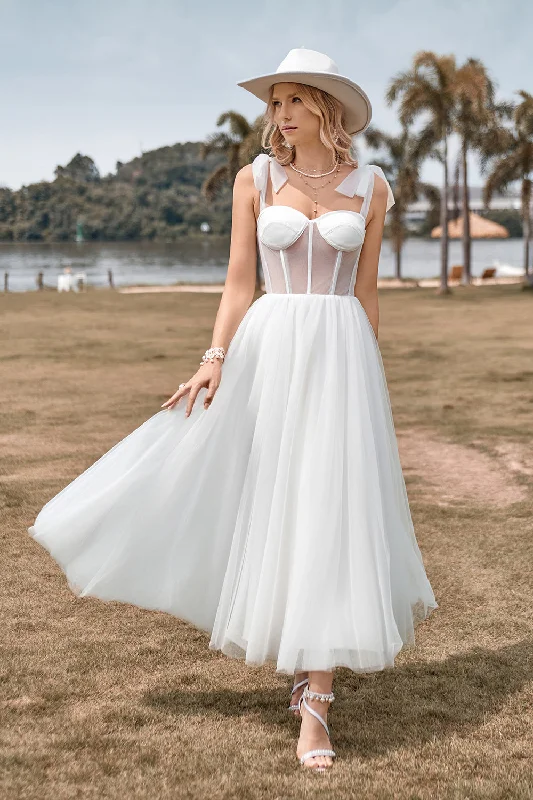 Leather Dresses for Luxury -Ivory Tulle Corset Tea-Length A Line Wedding Dress