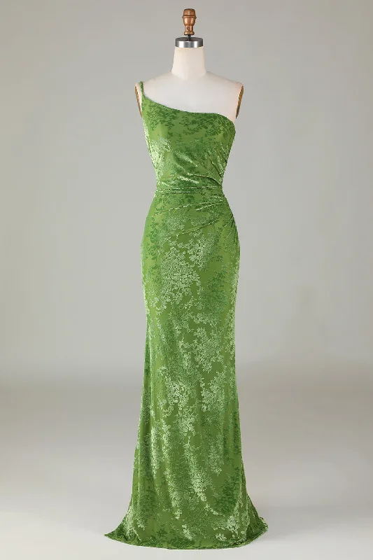 One-shoulder Dresses for Trendy -Velvet Mermaid One Shoulder Olive Bridesmaid Dress