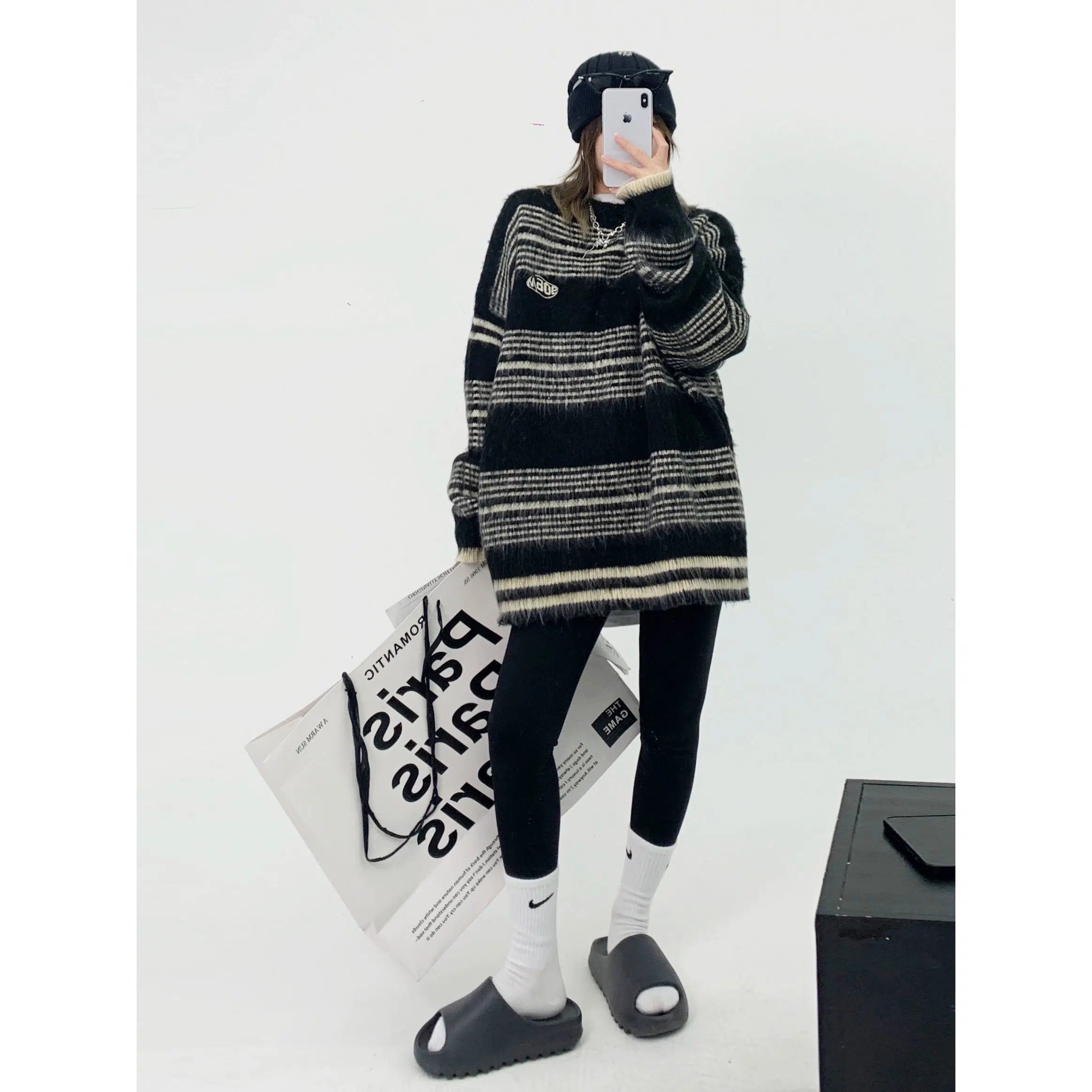 Longline Hoodie with Side Slits for Layered Autumn Outfits -Striped Knit Oversized Sweatshirt