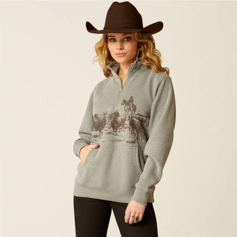 Metallic Hoodie with Shiny Finish Festival Glitter Outfits -Ariat Women's 1/2 Zip Ranch Graphic Sweatshirt in Heather Grey (Plus Sizes Available)