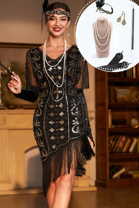 Abstract Dresses for Creative -Sparkly Black Sequins 1920s Flapper Dress with 20s Accessories