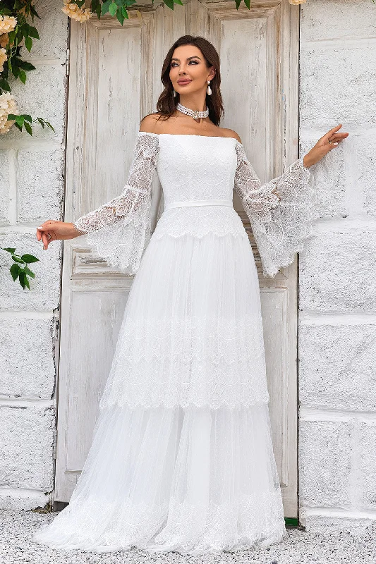 Anniversary Dresses for Special -Ivory Sweep Train Flare Sleeves Wedding Dress