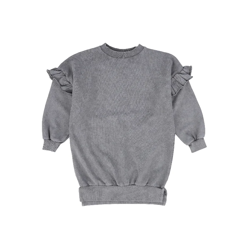 Turtleneck Hoodie for Double Cold Weather Coverage -BOOSO GREY RUFFLE TRIM SWEATSHIRT DRESS [FINAL SALE]