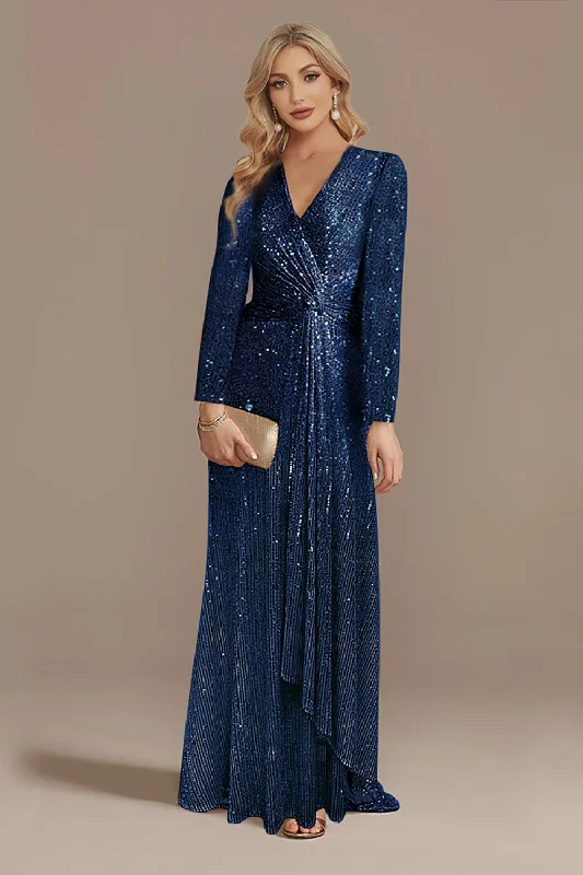 Indian Dresses with Intricacy -Glitter Navy Mother of the Bride Dress with Long Sleeves