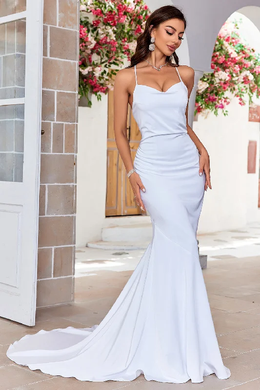 Cocktail Dresses for Party Time -Mermaid Lace-Up Back White Sweep Train Wedding Dress