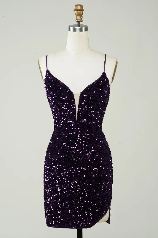 Low-waisted Dresses for Relaxed -Sparkly Purple Sequins Backless Tight Short Homecoming Dress with Slit