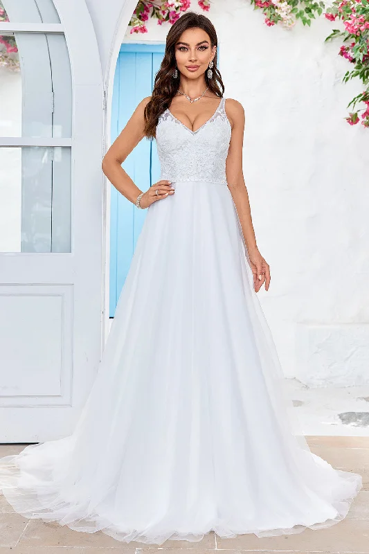 Office Dresses for Business -Ivory V-Neck Tulle Sweep Train A Line Wedding Dress with Lace