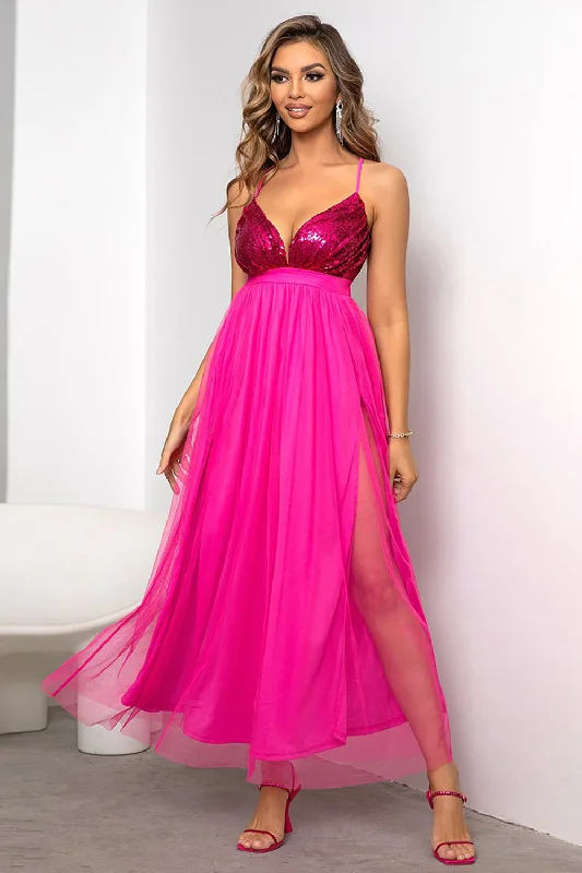 Mini Dresses for Youthful Look -Fuchsia Deep V Neck A Line Sparkly Long Prom Dress With Slit