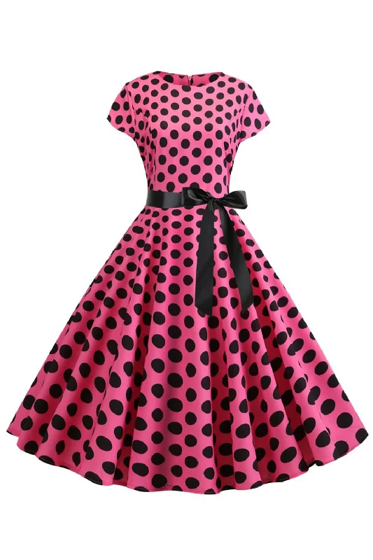 Mini Dresses for Youthful Look -Pink Black Polka Dots Cap Sleeves 1950s Dress