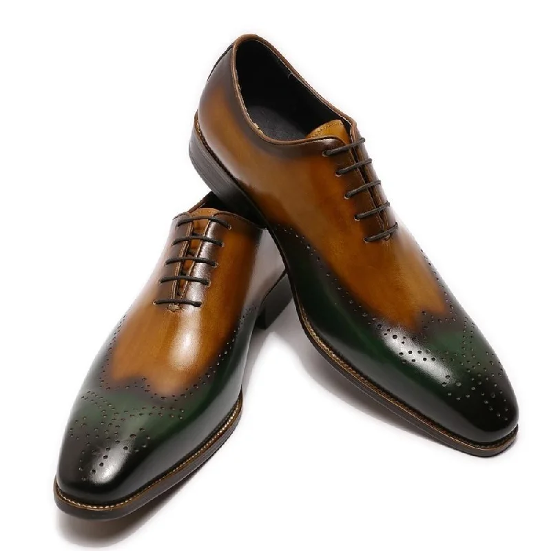 Yellow Dresses for Bright -Men's Wingtip Whole Cut Real Leather Wedding Party Oxford Dress Shoes