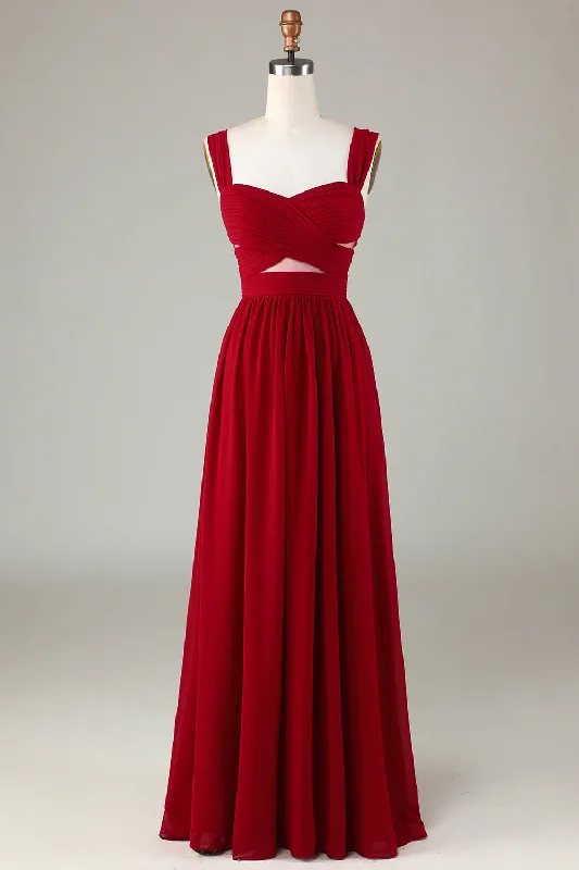 Red Dresses for Statement -Burgundy Cut Out A Line Long Bridesmaid Dress