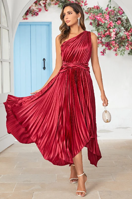 Party Dresses for Celebration -Asymmetrical One Shoulder Burgundy Tea Length Bridesmaid Dress