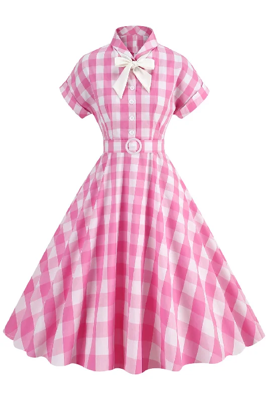 Ball Gown Dresses for Glamour -Pink Plaid Bowknot 1950s Dress With Short Sleeves