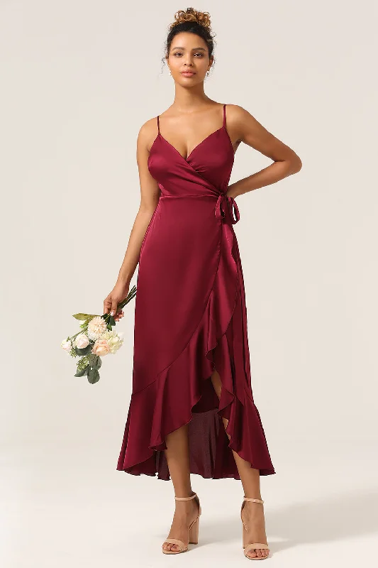 Sequined Dresses for Sparkle -A Line Spaghetti Straps Burgundy Bridesmaid Dress with Ruffles