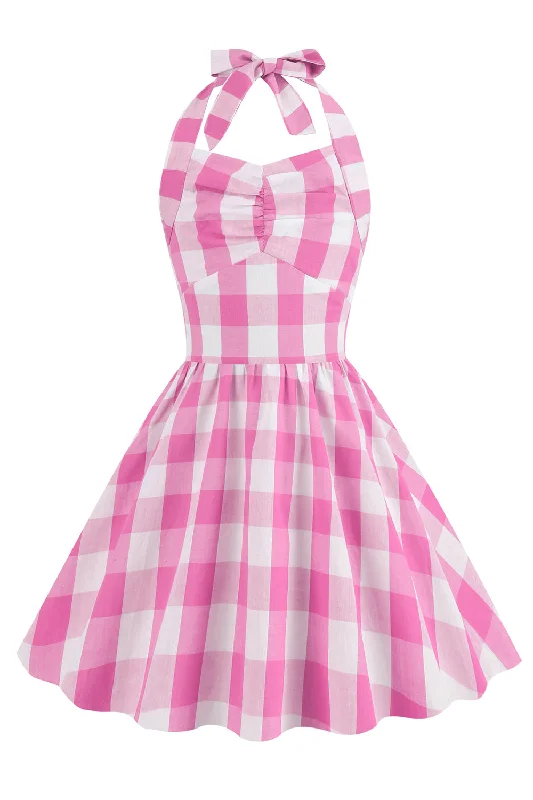 Long-sleeved Dresses for Coverage -Halter Plaid Sleeveless Pink Vintage Girl Dresses