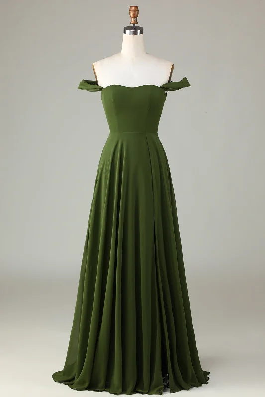 Long-sleeved Dresses for Coverage -A-Line Off The Shoulder Olive Bridesmaid Dress with Slit