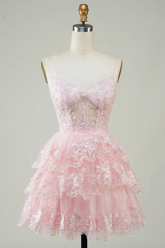 Linen Dresses for Breathable -Gorgeous A Line Spaghetti Straps Pink Sparkly Corset Homecoming Dress