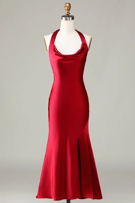 Long-sleeved Dresses for Coverage -Halter Sleeveless Burgundy Long Bridesmaid Dress with Slit