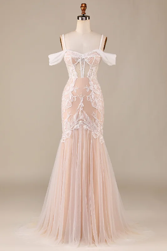 Lace Dresses for Delicate -Champagne Mermaid Long Wedding Dress with Lace